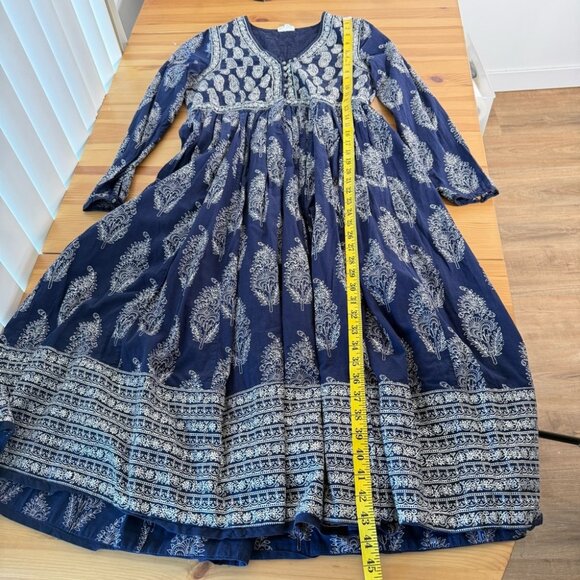 Anokhi Blue Paisley Midi Dress Long Sleeve A line 100% Cotton India Modest S - Picture 3 of 9